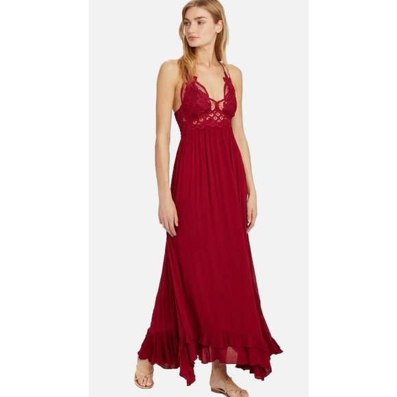 Free People Adella Boho Romantic Maxi Slip Dress In Burgundy - Size Small -  mordernwear.com